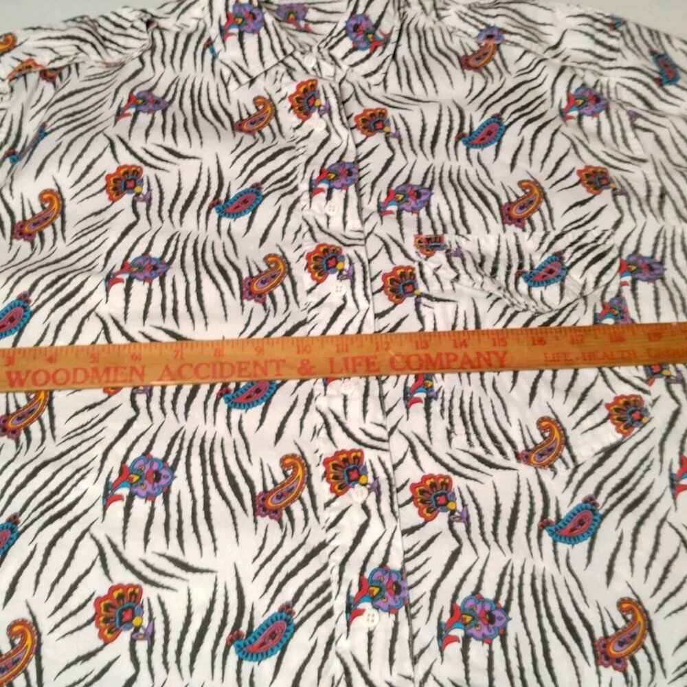 Vintage 1980s Khazana Blouse Shirt Medium Zebra Print Paisley Safari Short Slv - Picture 3 of 13
